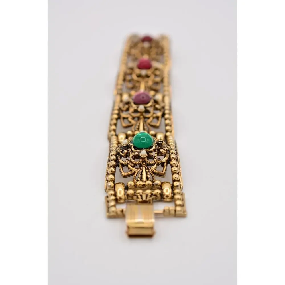 Vintage Cabochon Bracelet Multi-Color Antiqued Aged Gold Heavy Chunky 1960s Bin5